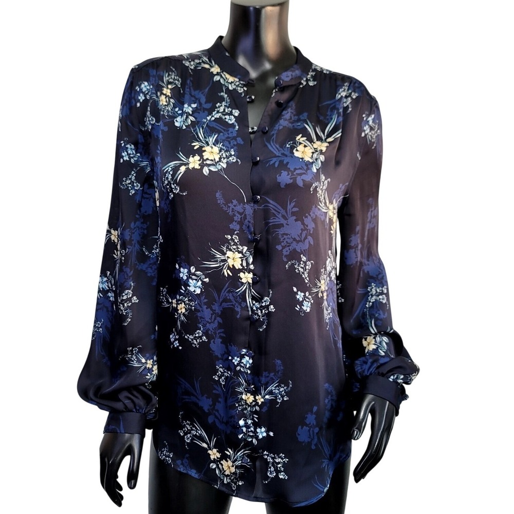 Equipment Femme Cornelia‎ Navy Blue Floral Silk Blouse Medium Split Collar Top